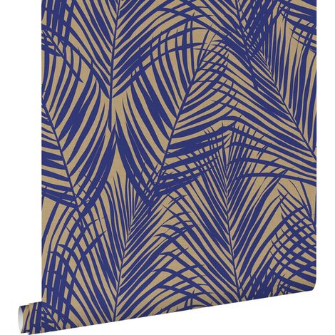 papier peint feuilles de palmier bleu cobalt et taupe - ESTAhome (1/5)