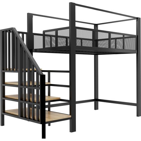 Cama alta de metal 90 x 200 cm negra con dosel y escalera con almacenaje (1/5)