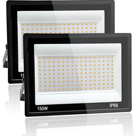 2 Pièces Projecteur LED Extérieur 150W, 3000K Blanc Chaud, 15000LM Spot LED Exterieur, IP66 Étanche Projecteur LED, pour Cours, Jardins, Terrasse, Garage, Usine (1/5)