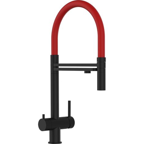 Rubinetto 3 VIE miscelatore lavello cucina in ACCIAIO INOX, canna girevole 360° e doccetta 2 getti movibile, PVD Nero Opaco / Rosso (1/5)