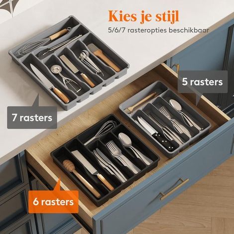Organizador de cajones para cubiertos，Organizador compacto para cubiertos，Plástico，Cucharas y tenedores，6 compartimentos，Negro (1/5)