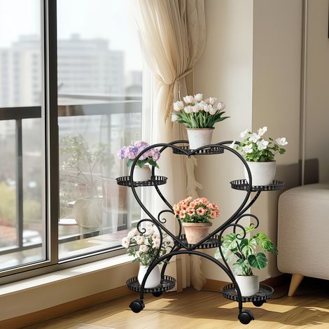Étagère Plantes Métal – 3 Niveaux avec Roulettes. Support Fleurs/Balcon Minimaliste. Structure Fer Robuste. Modèle (Noir). (1/5)