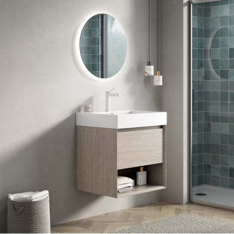 Mueble de baño suspendido 55 cm moderno con lavabo integrado de resina blanca, 1 cajón y hueco abierto, roble claro (1/5)