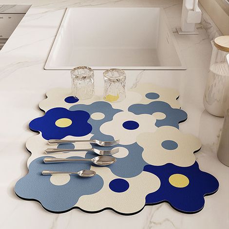 Tapis égouttoir à vaisselle pour comptoir de cuisine, rafraîchissant, mignon et élégant, résistant à la chaleur et absorbant, bleu et blanc, 30 x 40 cm (1/5)