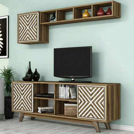 Dmora - Mueble de televisión Dpandolf, Aparador de salón, Mueble bajo para TV, Base de pared equipada, 160x35h56 cm, Nogal y Blanco (1/5)