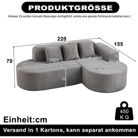 Canapé d'angle modulaire moderne en forme de L, de 220 cm de long, en velours côtelé avec dossiers et accoudoirs incurvés, équipé de trois coussins convient aux salons, salles de jeux et espaces de d (1/5)