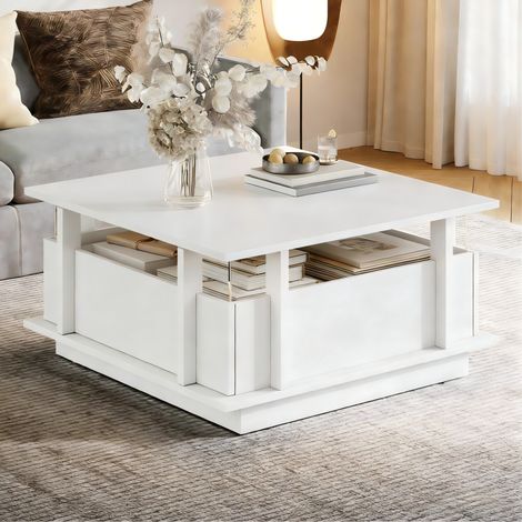 Tavolino da caffè 70 x 70 x 35 cm con 2 cassetti, LED, bianco DESVIAE (1/5)