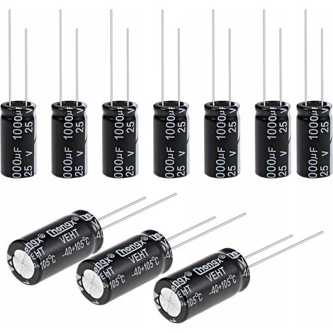 Condensatore Elettrolitico Low ESR 1000uF 25V – Alta Efficienza, Dimensioni 10x20mm, Passo 5mm, Temperatura -40°C a +105°C, Set di 10 Pezzi (1/2)