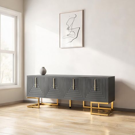 Meuble TV 170 cm gris foncé avec rangements et pieds dorés (1/5)