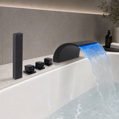 【Chauffage et ventilation】Robinet de Baignoire Cascade Noir avec LED à 3 Couleurs, 5 Trous, Double Sortie d’Eau, Kit Complet avec Douchette et Tuyau 1,5m, Cartouche Céramique, pour Salle de Bain et Hô