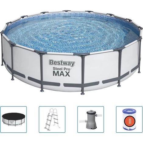 LEDANDER Piscine hors-sol Bestway Steel Pro MAX 427 x 107 cm – Kit piscine extérieure ronde à structure métallique, incluant pompe de filtration, échelle et bâche – Gris