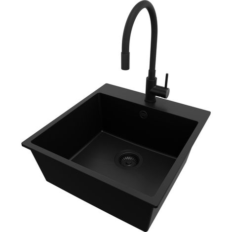 PRIMAGRAN Evier Cuisine en Granit 48x50cm, Lavabo 1 bac + Robinet 40x38cm + Kit de Vidage, Évier à Encastrer au meuble 50cm - Riga, Tout Noir (1/5)