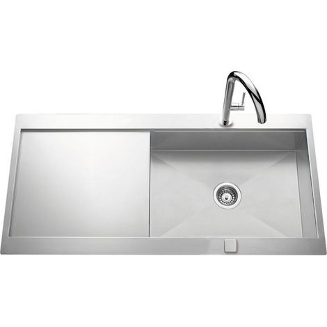 Évier de cuisine inox lisse 1000x520x190mm – Pour sous-meuble 60cm – Vidage automatique chromé – 2 perçages Ø35mm – Js Schock (1/3)