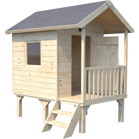 SOULET - Casita de Madera Infantil Elevada Kangourou 180x180x195 cm - Casita de Jardín para Niños sobre Pilotes con Toldo - Madera Natural Personalizable - Fácil Montaje (1/5)