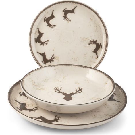 Service de Table Noël 12 Pièces Wild Mocha en Grès - Assiettes Plates, Creuses et à Dessert - Design Traditionnel et Élégant (1/4)