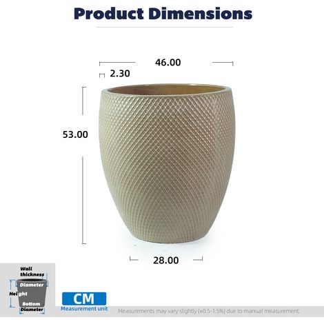 Grand pot de jardin en céramique émaillée, diamètre 46 cm, hauteur 53 cm, teinte beige nacré, motif losange texturé, poreux, anti-gel, avec évacuation d’eau, idéal pour plantes d’intérieur, terrasse o (1/5)