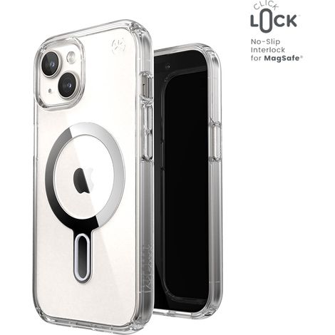 Custodia Speck Presidio Perfect-Clear ClickLock & Magsafe per iPhone 15 / iPhone 14 / iPhone 13 (Trasparente / Finitura cromata / Argento sereno) (1/5)