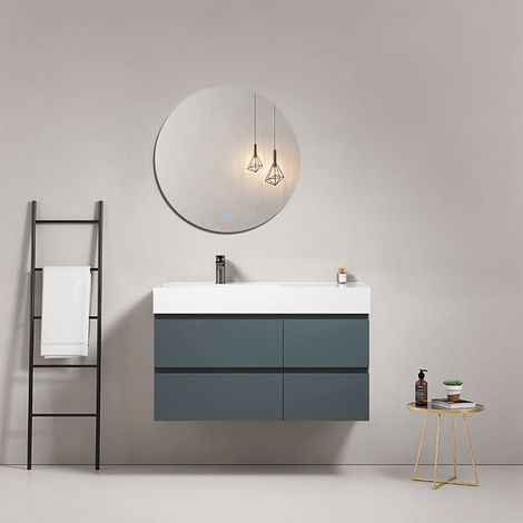 Mobile bagno sospeso 100 cm Blu Mare Lavabo a Sinistra in Resina Specchio Tondo - Fiji Paint (1/4)