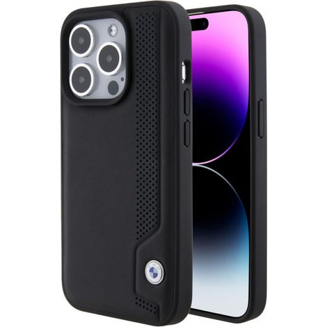Coque rigide BMW BMHCP15X22RBDK pour iPhone 15 Pro Max 6,1" noire/noire, en cuir à pois bleus