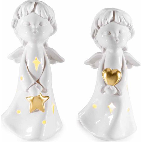 Angeli di Natale in porcellana bianca lucida con cuoricino e stellina dorata, con luci LED, set da 2 pezzi, cm 11,5 x 10 x 24 H