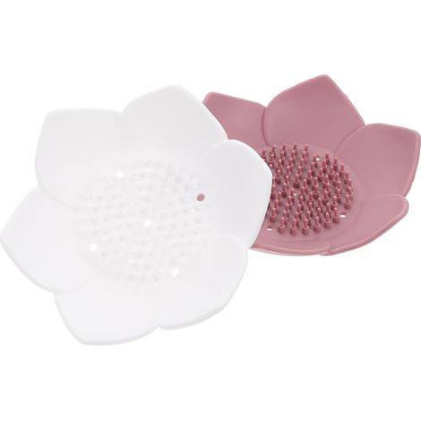 Ensemble 2 porte-savons en silicone en forme de lotus avec égouttoir, plateau de rangement pour salle de bain, blanc et rose