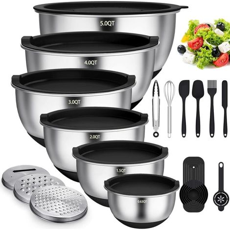 Set di 6 ciotole per insalata in acciaio inox con coperchi e basi in silicone, 3 accessori per grattugiare, 4,7 L/3,8 L/2,8 L/1,9 L/1,4 L/0,6 L, antiscivolo e impilabili, nere (1/4)