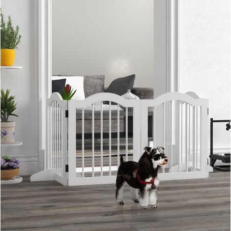 Barrera plegable para perros de 4 paneles para escaleras, pasillos y puertas, madera blanca (1/5)