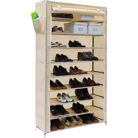 3 x Schuhschrank VALENTIN, hohes Schuhregal mit Stoffbezug, 9 Ablagen, Stoffschrank, HBT 161 x 88 x 30 cm, beige (1/5)