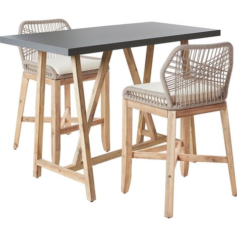 Terrazza da giardino Set da bistrot Tavolo in cemento Legno di acacia chiaro 2 Sedie Cuscini grigio beige Talamone