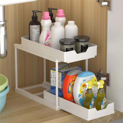 Lot de 2 tiroirs coulissants double couche métal plastique blanc, design antidérapant, rangement cuisine salle de bain, fournitures ménage (1/5)