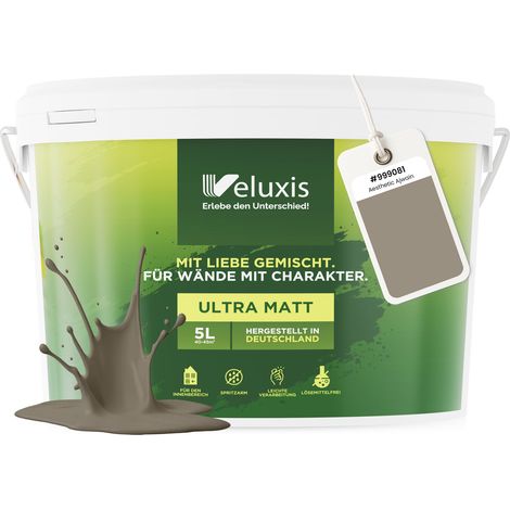Wandfarbe Grau Braun Beige Matt Innenfarbe – Deckkraft Klasse 1, VOC-frei, Ohne Grundierung, Tropfarm – Wohnzimmer & Schlafzimmer – 5L – Veluxis (Aesthetic Ajwain)