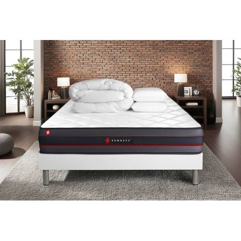 Komplettpaket Bett - Matratze 200x200 cm + Boxspringbett mit Lattenrost (im Set) + 2 Kopfkissen + Steppdecke - Regen