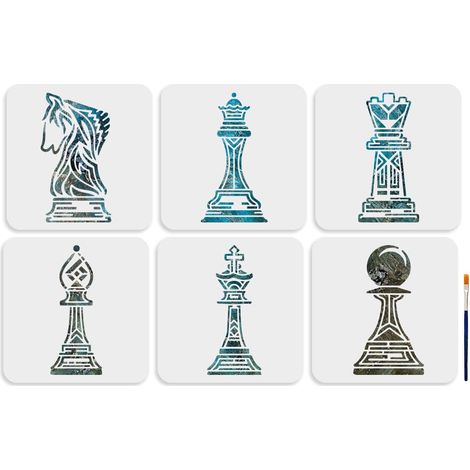 6 pochoir D'Échecs International 20 × 20cm Pochoir de Pièces D'Échecs avec Pinceau Échecs Roi Reine Pion Tour Évêque Cavalier Pochoir pour Décoration Murale Meubles Bricolage Artisanat (1/5)