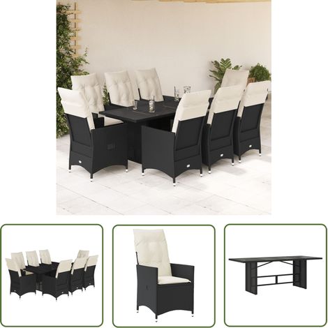 The Living Store 9-tlg. Garten-Essgruppe mit Kissen Schwarz Poly Rattan - Gartensessel - Gartenmöbel - Lounge Set - Outdoor Möbel - Rattan Sessel (1/5)