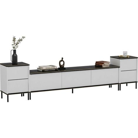 TV-Schrank Cortin, 2 Regale, 5 Türen, mit Goldakzenten, 180x35x45h cm Weiß