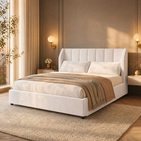 DESMIU Lit adulte 140 × 200 cm 2 places avec tête de lit capitonnée, 2 coussins, sans matelas, velours, beige (1/5)
