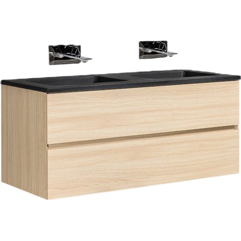 BERNSTEIN - Mobile lavabo doppio sospeso MDF Rovere Chiaro, Lavabo in Marmo Nero Opaco + foro rubinetto - 120x52x52cm - EDGE 1200 Rovere naturale, Nero opaco