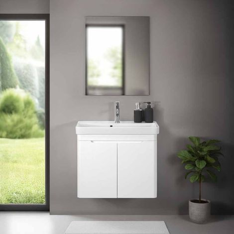 Mobile bagno sospeso 70 cm bianco lucido salvaspazio con specchio Clip (1/5)