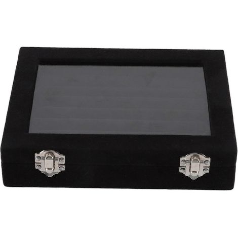 Boîte à bijoux 7 emplacements en velours avec couvercle transparent pour bagues, boucles d'oreilles et colliers, noire. (1/5)
