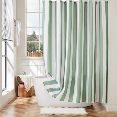 Green vertical striped shower curtain, pretty retro vintage striped shower curtain for bathroom, waterproof polyester fabric, 180 x 180 (1/5)