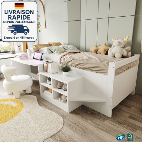 Cama infantil de 90 x 200 cm – Diseño 3 en 1: escritorio integrado, almacenaje modular, tomas USB/corriente, estructura de madera blanca, acceso mediante escalones. (1/5)