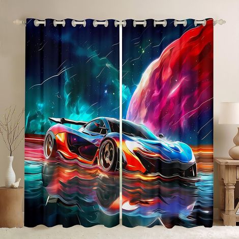 Rideau Occultant 140x260 cm Voiture de Course de Garçons, Rideau Jeux de Sports Extrêmes, Rideaux Voilage Voiture de Vitesse Froide, Voilage Fenetre Planet Galaxy pour Chambre Salon - 140L X 260H cm ( (1/5)