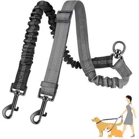 Laisse double pour 2 chiens - Laisse réfléchissante - Laisse rétractable - Réglable - Laisse en corde - Convient aux chiens de toutes tailles - Laisse de course pour canicross - Laisse d'éducation can (1/5)