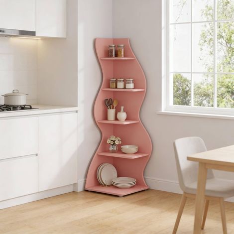5-stufiges Eckregal, Eckbücherregal aus Holz, 182,5 x 50 x 50 cm, rosa HAVRYA (1/5)