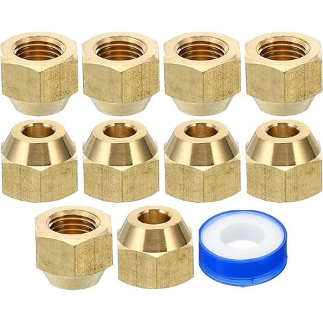 1/4 SAE Brass Flare Nut 10Pcs 45 Degree Copper Flare Tube Fitting Brass Pipe Fitting Cap with Adhesive Tape for Water Gas Pipe Shiny (1/5)