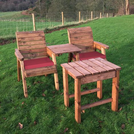 Charles Taylor Deluxe Wooden Garden 2x Armchair Chair & Coffee Table Red Cushion (1/4)