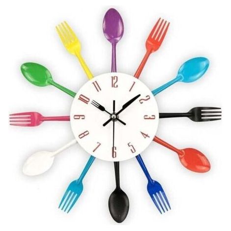 Horloge murale de cuisine, 3D amovibles, couverts créatifs modernes, cuillère de cuisine, fourchette, horloge murale, miroir, autocollant mural, décoration de la maison (colorée) (1/5)