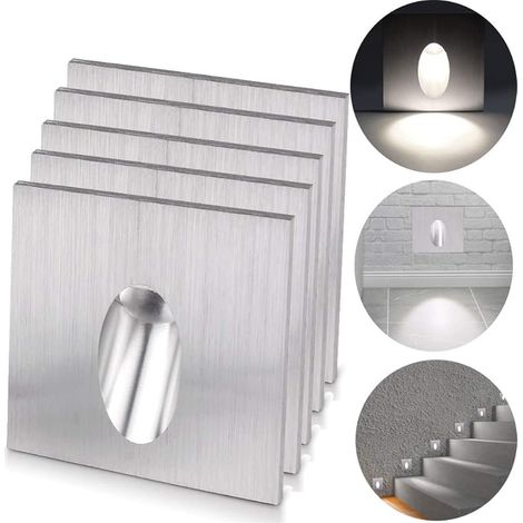Applique Encastré Murale d'Escalier Carré, 5PCS 1W Blanc Froid, Lumières de Marche et Éclairage Décoratif pour Extérieur Intérieur (1/5)