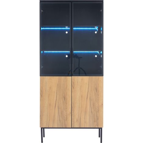 Vitrina de cristal con LED 180 cm Negro y roble 74 x 31 cm