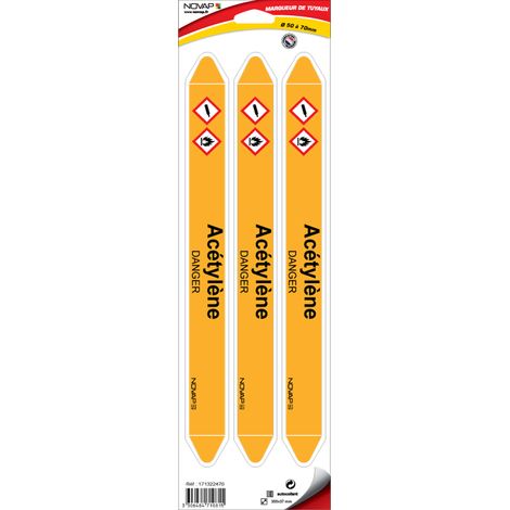 Planche de 3 marqueurs de tuyauterie 355 x 37 mm pour Ø 50 à 70 mm - Acétylène - 4710815